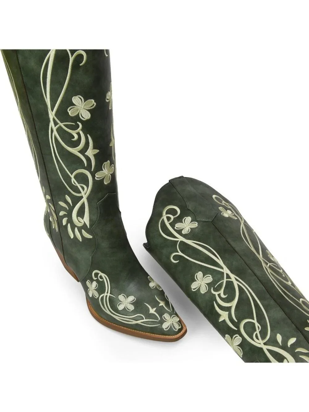 Women's Green Pu Cowgirl High Knee Vintage with Floral Embroidered Footwear - Picture 3 of 6